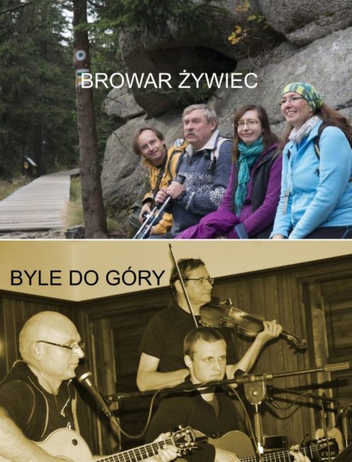 Na zdjęcia jedno pod drugim. U góry Browar Żywiec(dwóch mężczyzn i dwie kobiety, w górach). U dołu zespół Byle do Góry (skrzypek, dwóch gitarzystów).